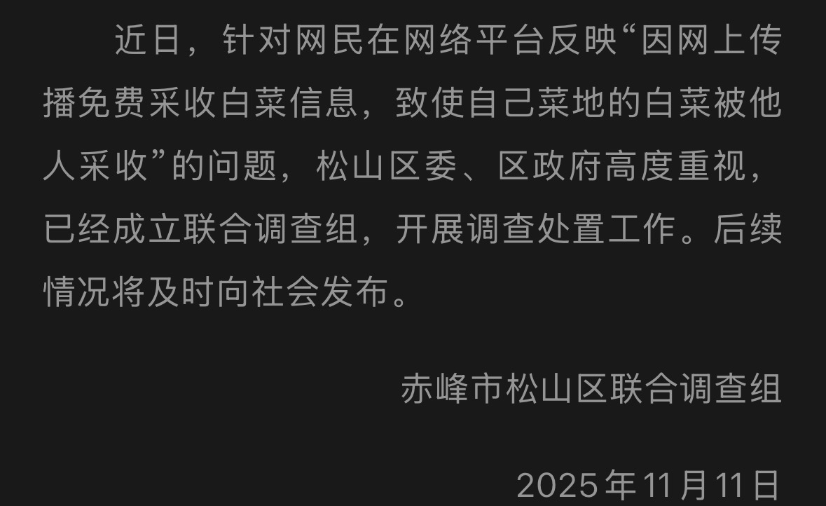 皇冠信用网出租代理
_赤峰通报“因网传白菜免费信息皇冠信用网出租代理
,致菜农白菜地被他人采收”一事:已成立联合调查组